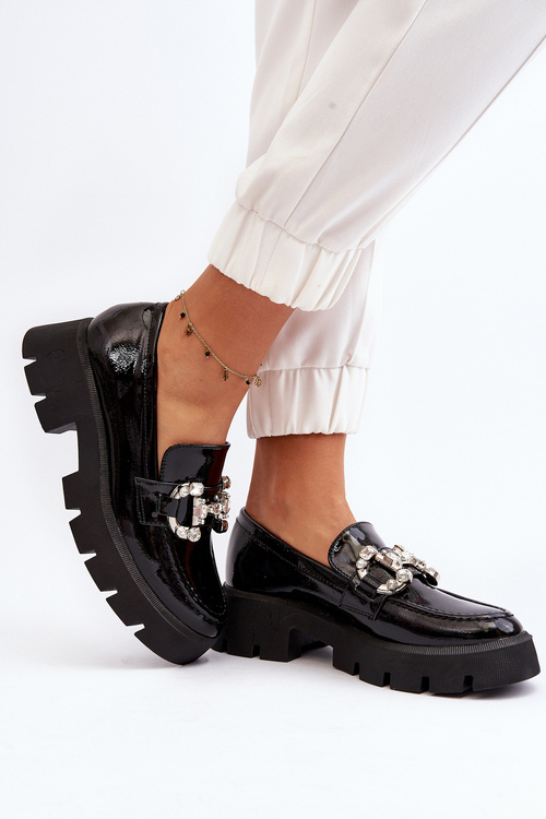 Damskie Lakierowane Mokasyny Z Ozdobą Czarne Arsaba