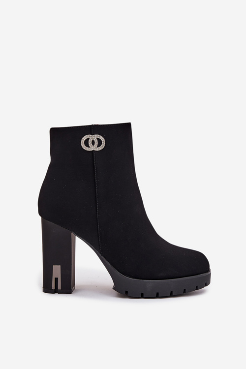 Ocieplane Botki Damskie Na Słupku Z Ozdobnym Detalem Czarne Vessara