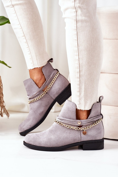 Zamszowe Botki Z Łańcuszkiem Szare Elvira