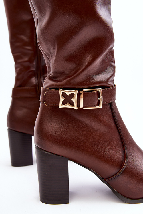 Kozaki Damskie Na Słupku Z Klamrą Ocieplane Brązowe Sendilia