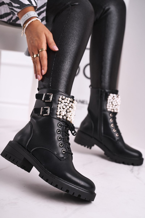 Botki Damskie Płaski Obcas Militarne Czarne Bemmer