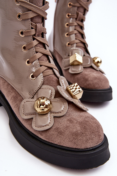 Modne Damskie Botki Na Suwak Z Ozdobami D&A MR870-76 Szaro-Brązowe