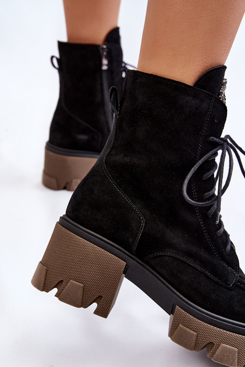 Zamszowe Damskie Ocieplane Botki Trapery Czarne Lemar Rehin