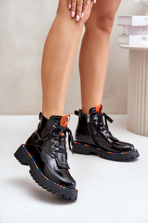 Skórzane Lakierowane Botki Workery Na Zamek Czarne Anafra