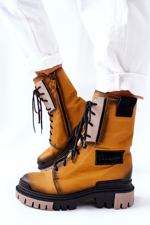 Skórzane Trzewiki Botki Ocieplane Maciejka Żółte 05113-07