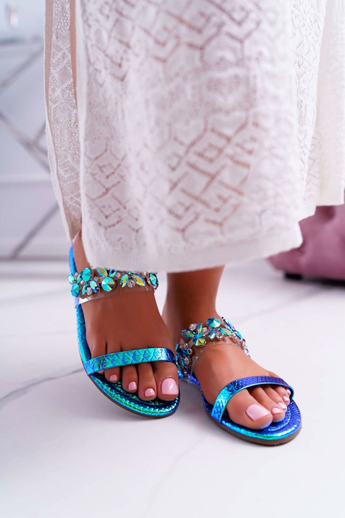 Damskie Klapki Lu Boo Eleganckie Z Cyrkoniami Niebieskie Elementary