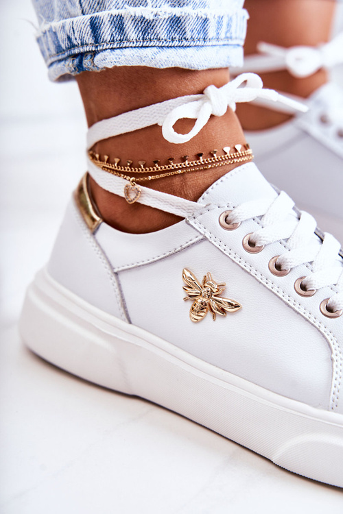 Skórzane Buty Sportowe Z Ozdobą Białe Calerie