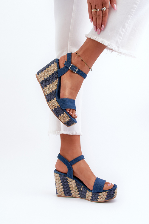 Jeansowe Sandały Damskie Na Koturnie Z Plecionką Niebieskie Reviala