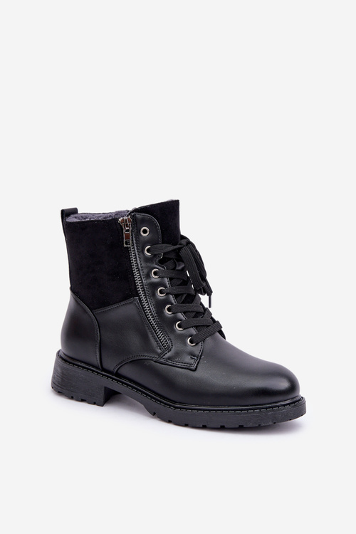 Ocieplane Botki Na Płaskim Obcasie Eko Skórzane Czarne Naoise
