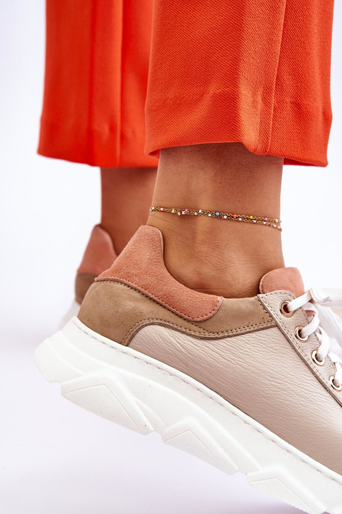 Wygodne Skórzane Buty Sportowe Na Platformie Beżowe Alisane