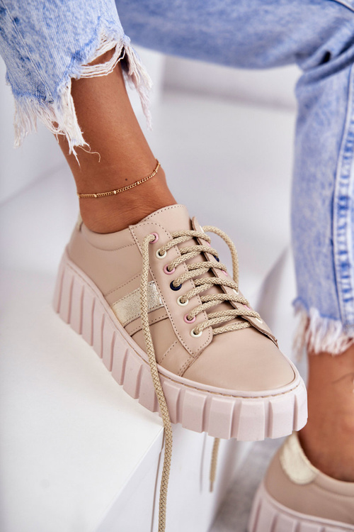 Damskie Skórzane Buty Sportowe Wiązane Beżowo-Złote Ariva