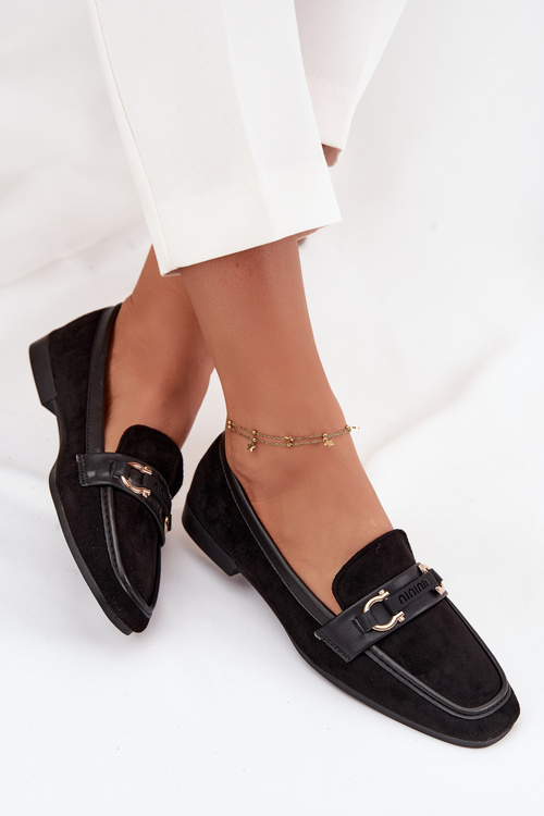 Mokasyny Loafersy Damskie Z Ozdobnym Elementem Czarne Evelora