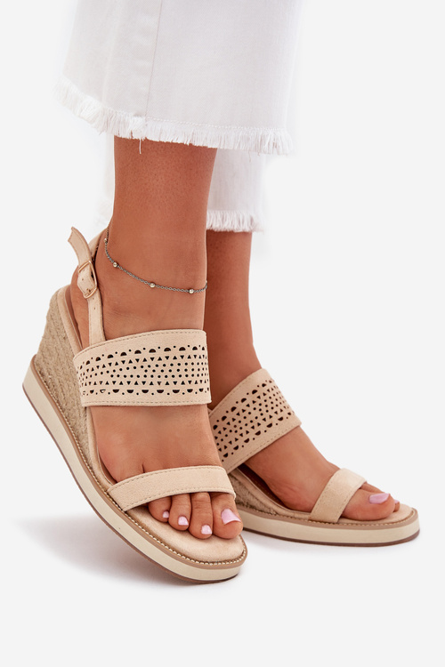 Sandały Damskie Ażurowe Na Koturnie Z Plecionką Beżowe Zolira