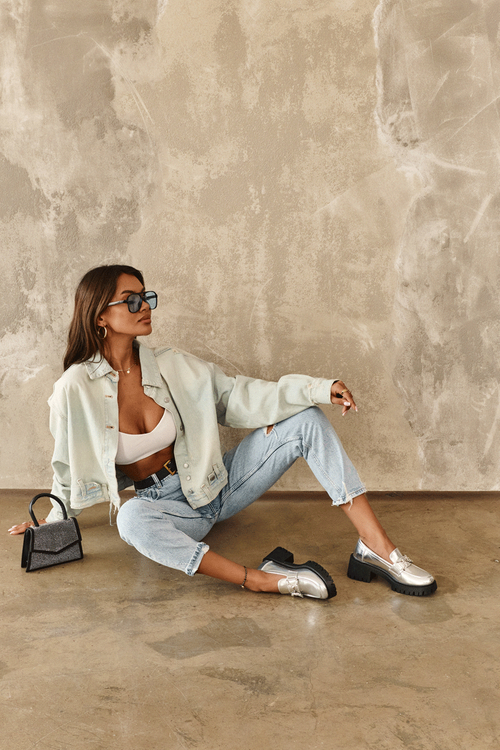 Damskie Skórzane Półbuty Na Masywnym Obcasie Srebrne Lemmitty