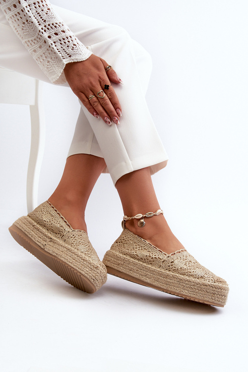 Espadryle Damskie Koronkowe Na Platformie Złote Elarose