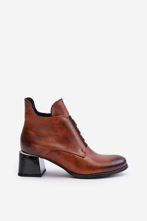 Zazoo 60504 Skórzane Botki Na Klocku Ocieplane Brązowe