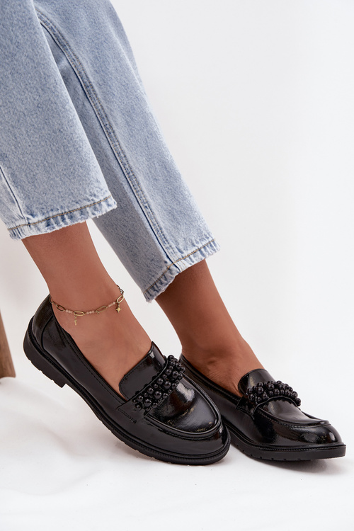 Mokasyny Damskie Lakierowane Z Koralikami S.Barski HY52-541 Czarne