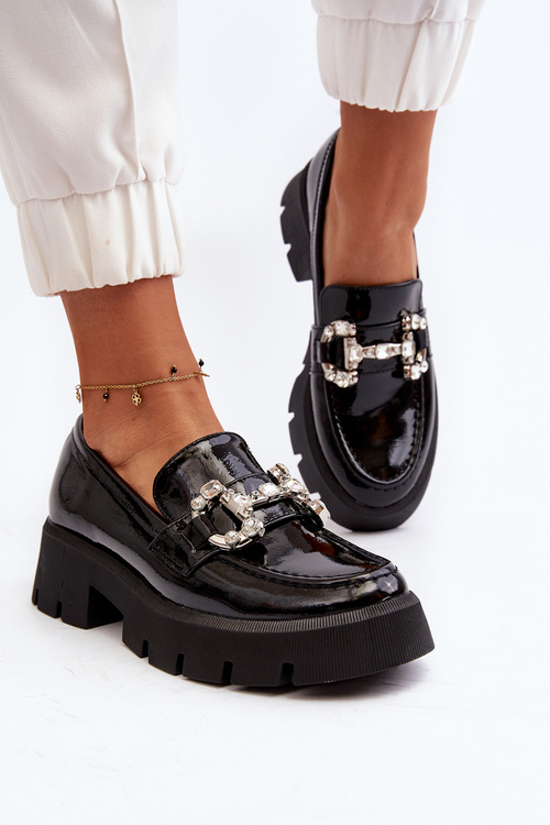 Damskie Lakierowane Mokasyny Z Ozdobą Czarne Arsaba