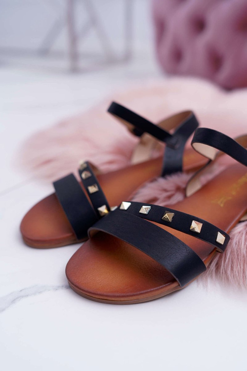 Sandały Damskie Płaskie Złote Ćwieki Czarne Raven