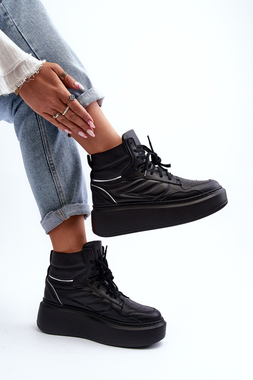 Zazoo 3392/X Damskie Skórzane Buty Sportowe Na Platformie Czarne