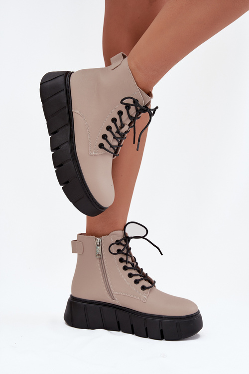 Skórzane Ocieplane Botki Damskie Na Platformie Vinceza 66803 Beżowe