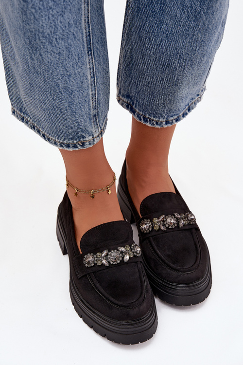 Mokasyny Damskie Z Kryształkami Eko Zamszowe Czarne Lavisse