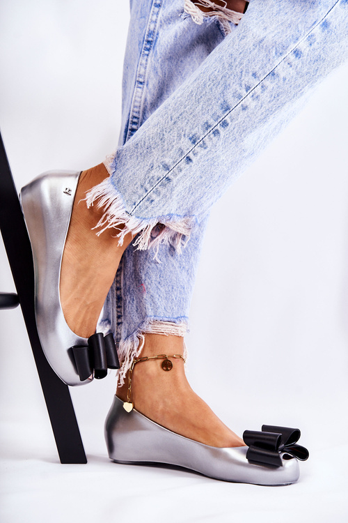 Damskie Gumowe Baleriny Z Kokardą Srebrne Florret