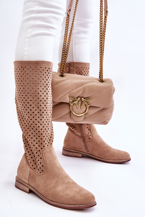 Damskie Zamszowe Ażurowe Kozaki Przed Kolano Beżowe Savannah