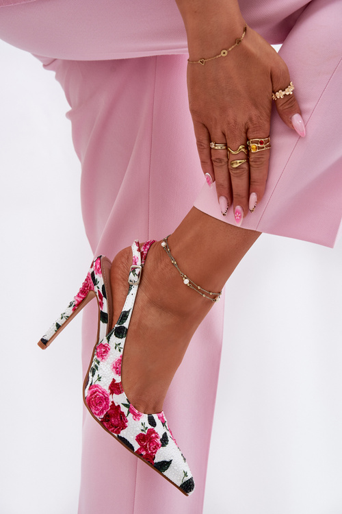 Zdobione Sandały Na Szpilce W Róże Białe Vevessa