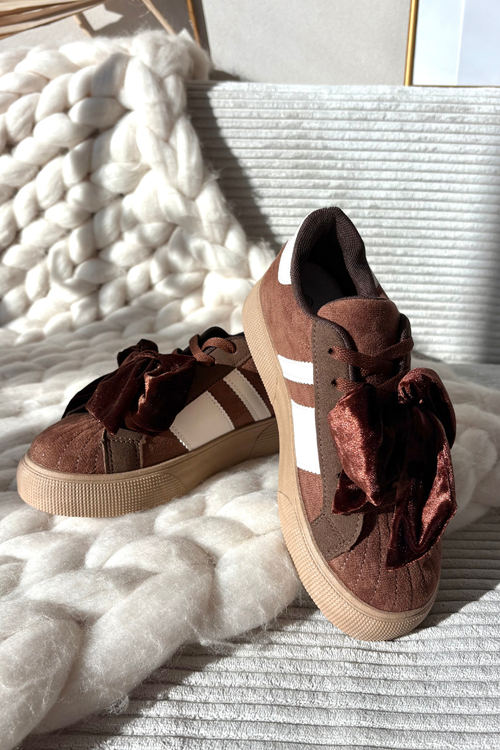 Sneakersy Damskie Z Welurową Kokardą Brązowe Ashlyn