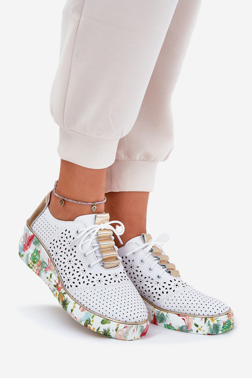 Skórzane Półbuty Damskie Na Koturnie Artiker 56C1800 Biało-Złote