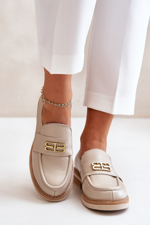 Zazoo 20174 Skórzane Eleganckie Półbuty Damskie Na Płaskim Obcasie Beżowe