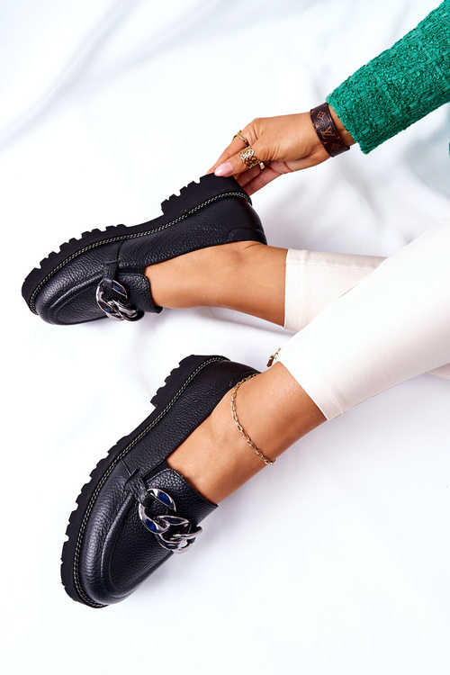 Damskie Półbuty Skórzane Loafery Czarne Sthonto