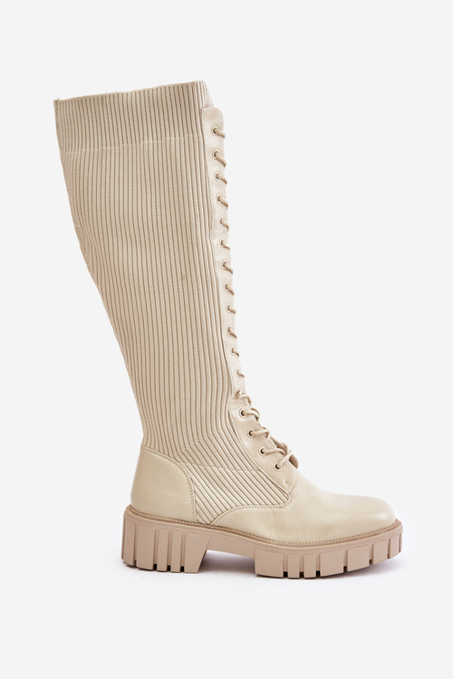 Kozaki Damskie Skarpetkowe Sznurowane Na Płaskim Obcasie Beżowe Vamisha