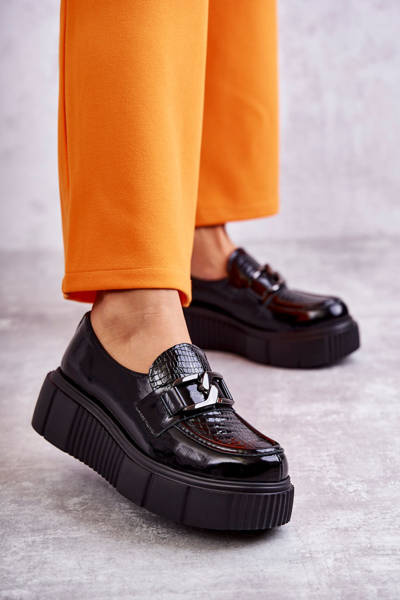 Modne Skórzane Półbuty Na Platformie Czarne Marsol