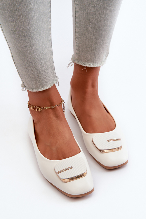 Baleriny Damskie Eko Skórzane Z Ozdobą Białe Edoslli