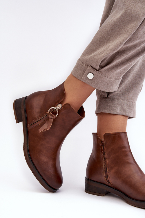 Skórzane Damskie Botki Płaskie Brązowe Vasica