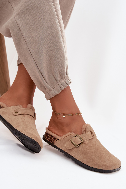 Klapki Chodaki Damskie Ocieplane Futerkiem Z Klamrą Beżowe Sylisse