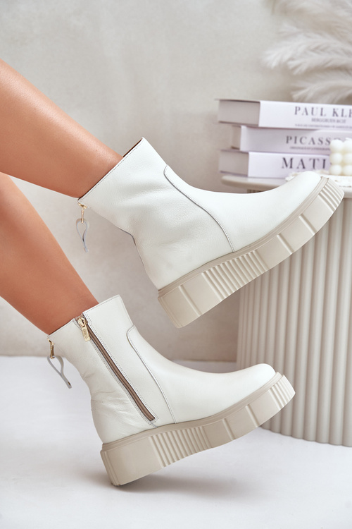 Zazoo 60369 Damskie Skórzane Botki Na Platformie Jasnobeżowe