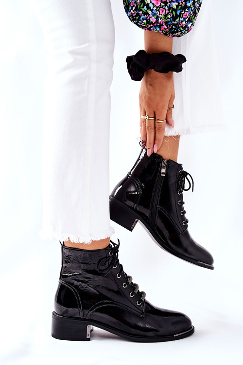 Klasyczne Damskie Ocieplane Botki Lakierowane Czarne Reflection