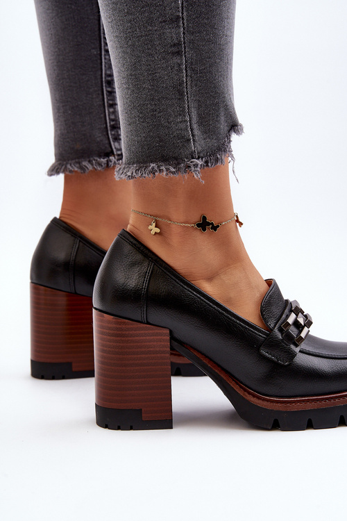 Czółenka Na Masywnym Słupku Z Ozdobą Czarne Oradna