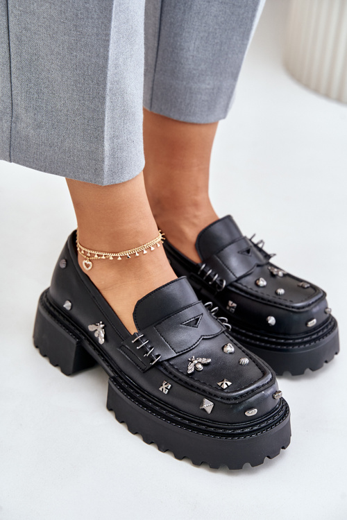 Skórzane Półbuty Damskie Z Ozdobami D&A MR880-102 Czarne