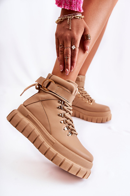 Modne Damskie Botki Na Platformie Z Paskiem Beżowe La Blanca