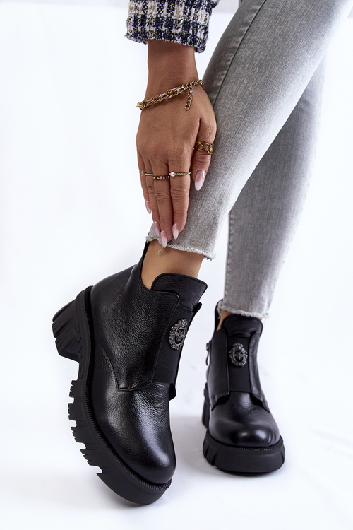 Damskie Skórzane Botki Z Ozdobą Czarne Maley
