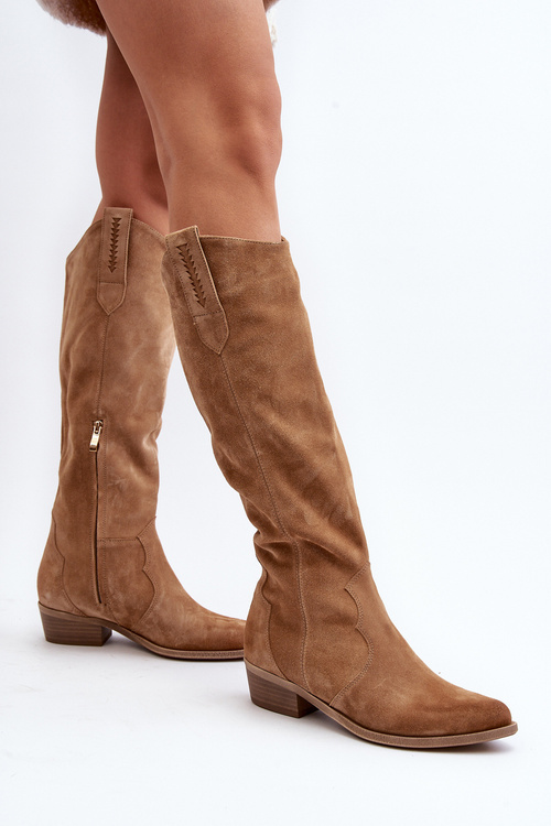 Zazoo 3427 Damskie Zamszowe Kozaki Kowbojki Beżowe