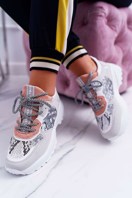 Sportowe Damskie Buty Wysoka Podeszwa Różowe Skóra Węża Chillout