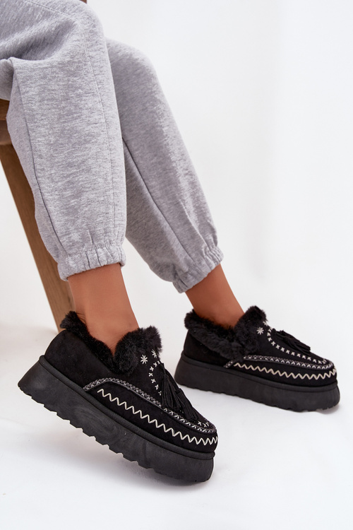 Śniegowce Damskie Na Platformie Z Futerkiem I Frędzlami Czarne Ferayne