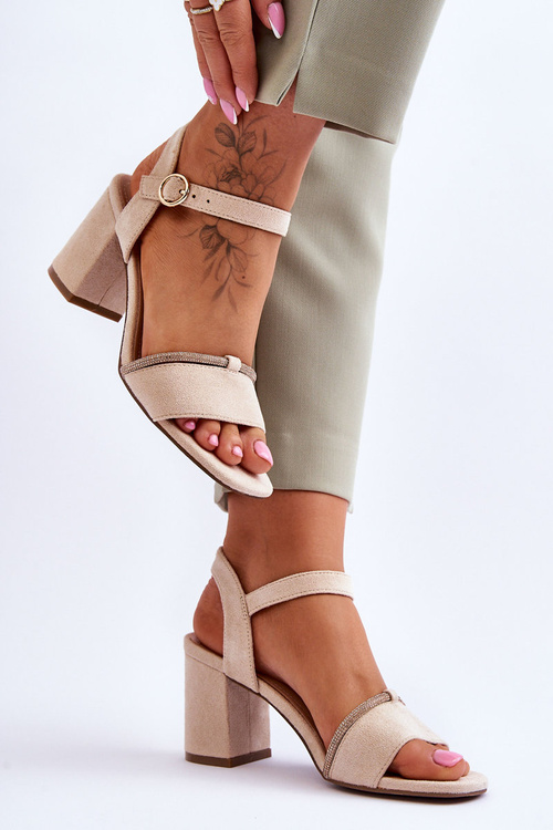 Damskie Zamszowe Sandały Na Niskim Słupku Beżowe Loredo