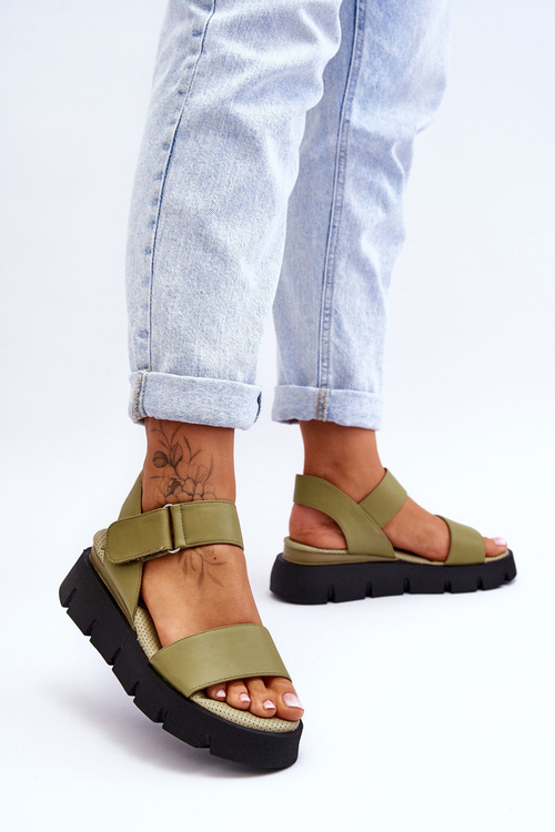 Damskie Skórzane Sandały Na Platformie Zielone Katte