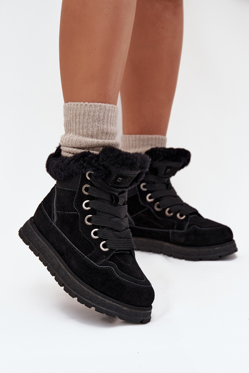 Zamszowe Śniegowce Trapery Damskie Na Platformie Z Futerkiem Big Star SS274369 Czarne